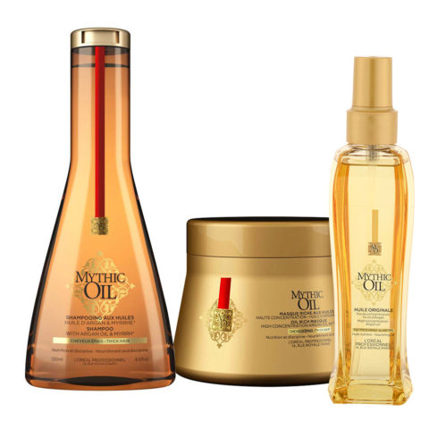 L'Oréal Mythic Oil Kit Shampooing Hydratant Cheveux Épais 250ml Masque 200ml et Huile d'Argan 100ml