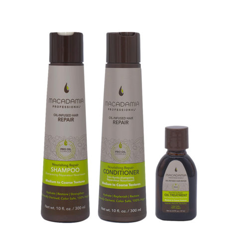 Macadamia Set Cheveux Abimés Shampooing 300ml Baume 300ml Huile Hydratant 27ml