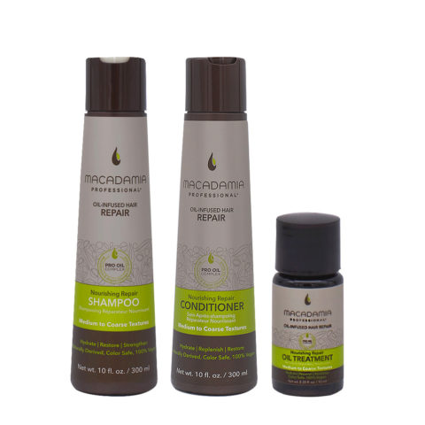 Macadamia Set Cheveux Abimés Shampooing 300ml Baume 300ml Huile Hydratant 10ml