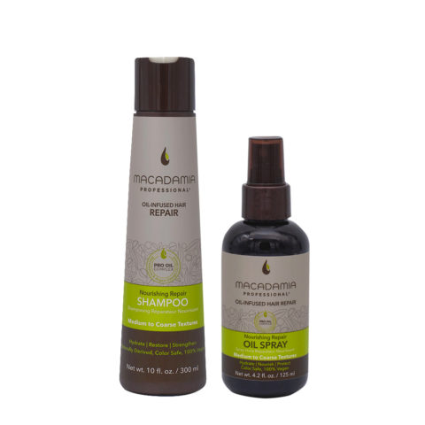 Macadamia Set Cheveux Abimés Shampooing 300ml Et Huile Spray Hydratante 125ml