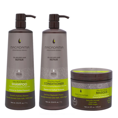 Macadamia Set Cheveux Gros et Abimés Shampooing 1000ml Et Baume 1000ml Masque 236ml