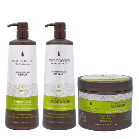 Macadamia Set Shampooing et Après-shampooing 1000ml Cheveux abîmés et fins Masque 222ml