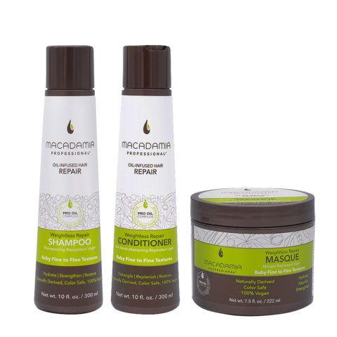 Macadamia Set Shampooing et Après-shampooing 300ml Cheveux abîmés et fins Masque 222ml