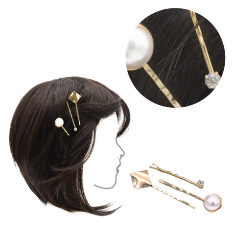 Set de trois épingles à cheveux en métal doré avec strass et perle 5cm
