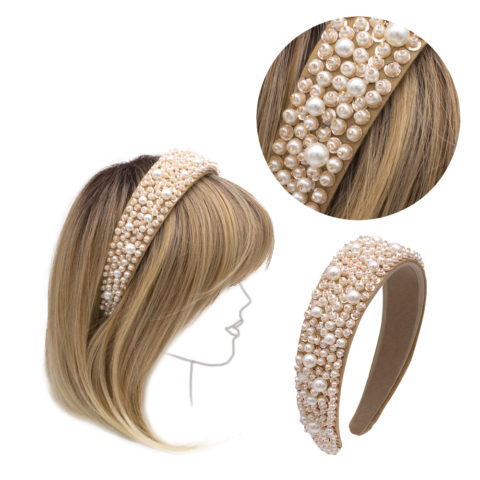 VIAHERMADA Bandeau en Daim Beige avec Perles et Pierres