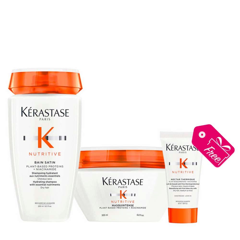 Kerastase Nutritive Bain Satin Riche 250ml Masque Intense Riche 200ml  + Nectar Thermique 50ml En Cadeau