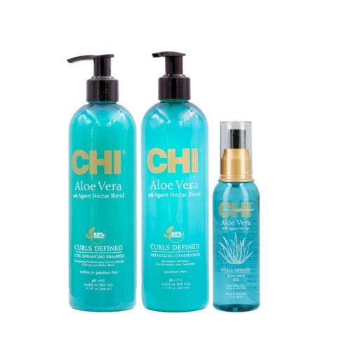 CHI Aloe Vera Curl Enhancing Shampoo 340ml Detangling Conditioner 340ml Oil 89ml