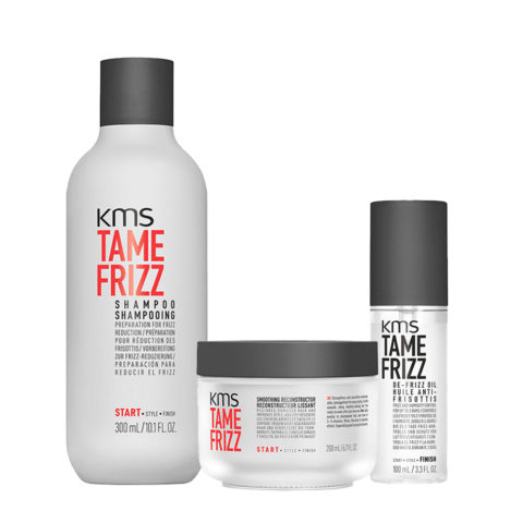 KMS Tame Frizz Shampoo 300ml Smoothing Reconstructor 200ml De-Frizz Hair Oil 100ml