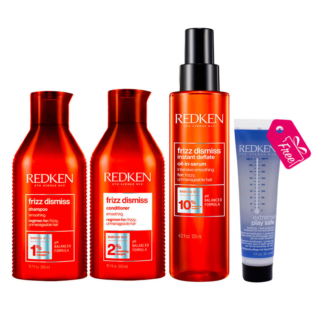 Redken Frizz Dismiss Shampoo 300ml Conditioner 300ml Serum 125ml + Extreme Mini Play Safe 30ml GRATUIT