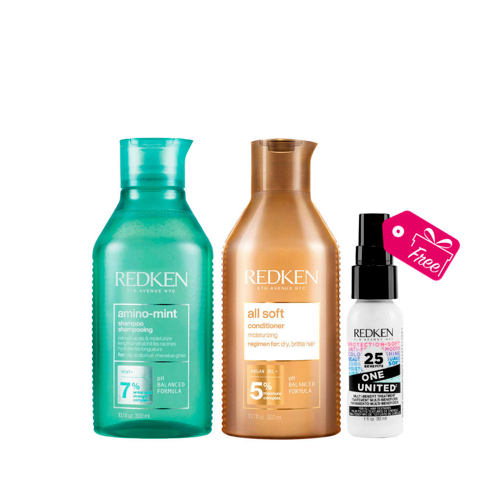 Redken Amino Mint Shampoo 300ml All Soft Conditioner 300ml + One United All In One Spray 30ml OFFERT