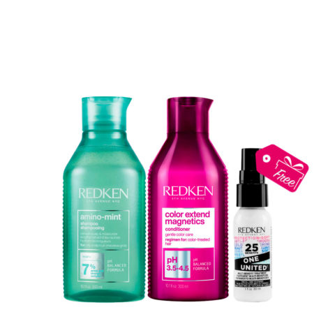 Redken Amino Mint Shampoo 300ml Color Extend Magnetics Conditioner 300ml + One United All In One Spray 30ml FREE