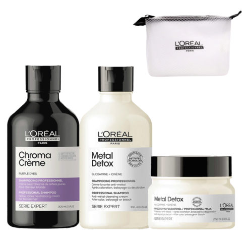 L'Oréal Professionnel Chroma Creme Purple 300ml Metal Detox Shampoo 300ml Mask 250ml + Pouch Omaggio
