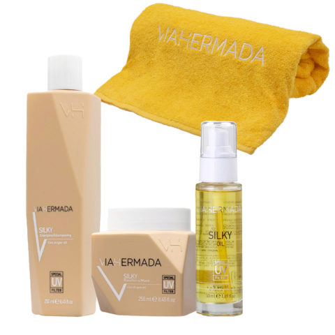 Silky Shampoo 250ml Mask 250ml Silky Oil 50ml + Serviette de plage jaune GRATUITE